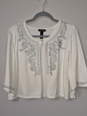 Alfani Sweater Ivory Sequin Embroidered One Button Cardigan Shrug Bolero Coastal